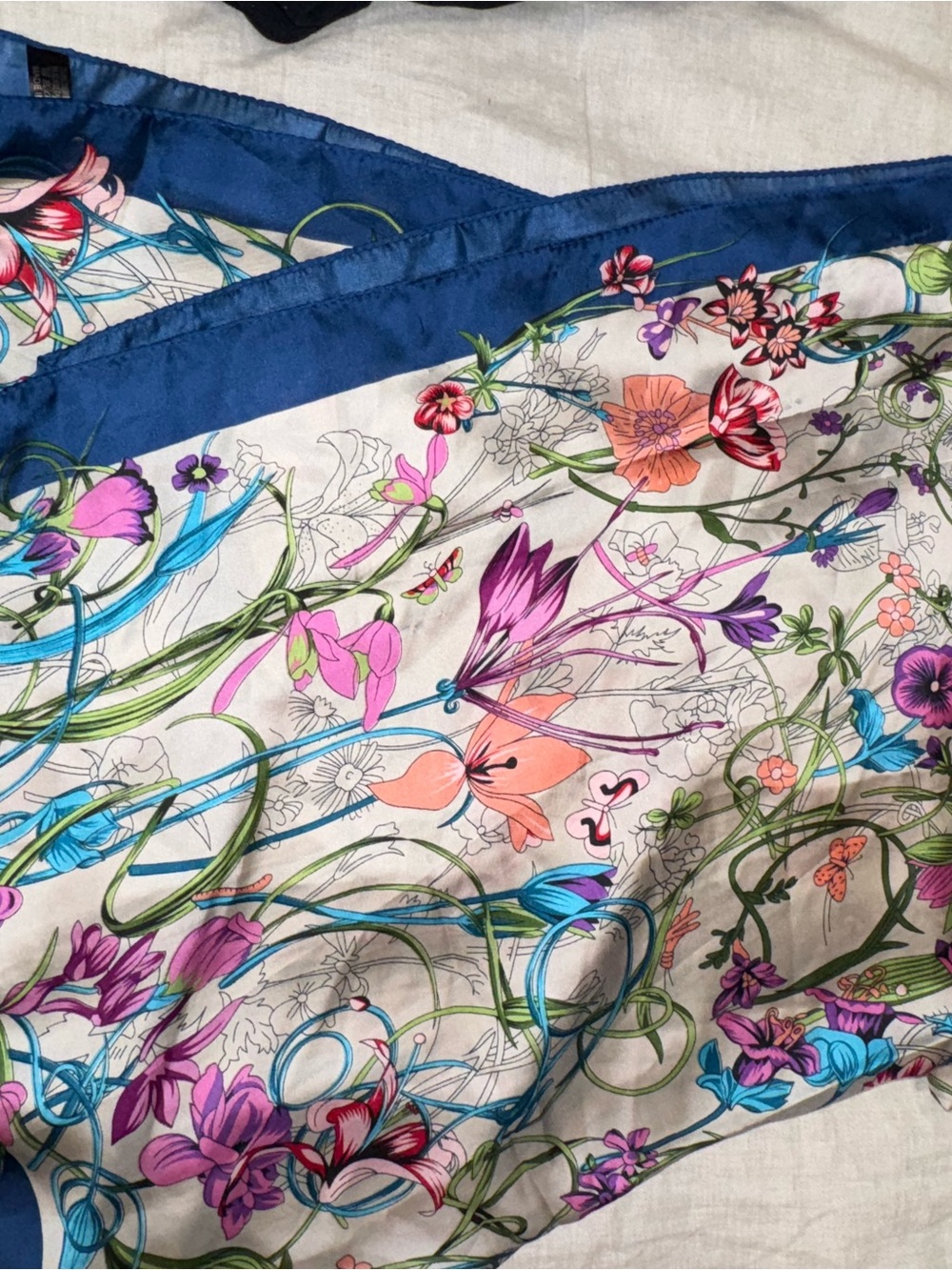 Floral Satin Scarf - Blue Trim, Multicolor Floral Print from Sicily